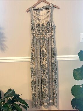 Free People Wonen’s Cream & Green  Lace-Trim Boho Maxi Dress Sz 8 Slits Cut Out